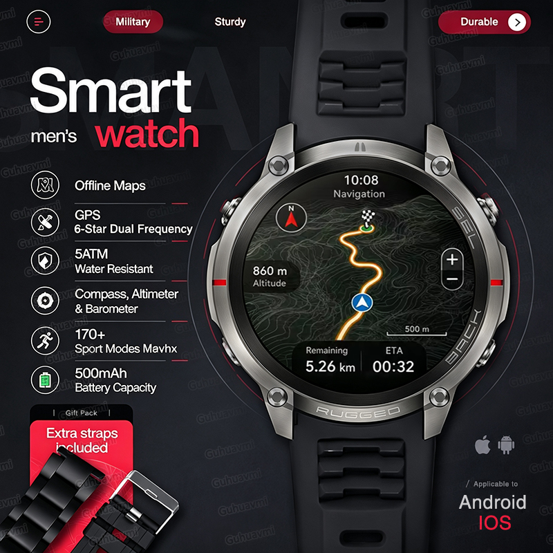 Smartwatch Rugged Watches For Men - NEW Rugged Military GPS Offline Map